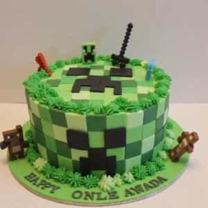 "A completed Minecraft cake placed on a grassy block, surrounded by colorful pixelated scenery."