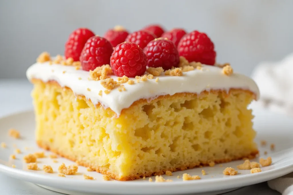 "A close-up of a fluffy yellow sheet cake topped with whipped cream, fresh raspberries, and biscuit crumbs on a white plate."