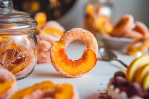 A vibrant arrangement of sugar-coated peach rings displayed on a colorful platter.