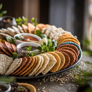 Rice crackers recipes 3 Rice crackers served with healthy dips and vegetables.