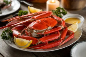  Snow crab legs served with garlic butter on a rustic wooden table.