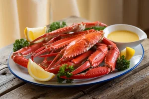 Ultimate Guide to Snow Crab Legs 3 A cluster of snow crab legs displayed on ice with garnishes like parsley and lemon slices.