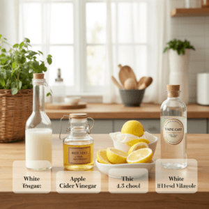 Best Substitute for Rice Vinegar 3 A variety of rice vinegar substitutes, including apple cider vinegar, lemon juice, and white wine vinegar, displayed with fresh ingredients for cooking.