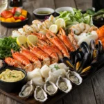 What to Serve with a Seafood Platter for Dinner 3 Elegant seafood platter surrounded by fresh salads, sauces, bread, and wine on a rustic dinner table