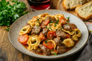 Close-up of tortellini in a creamy provolone sauce with thinly sliced beef and sautéed vegetables.