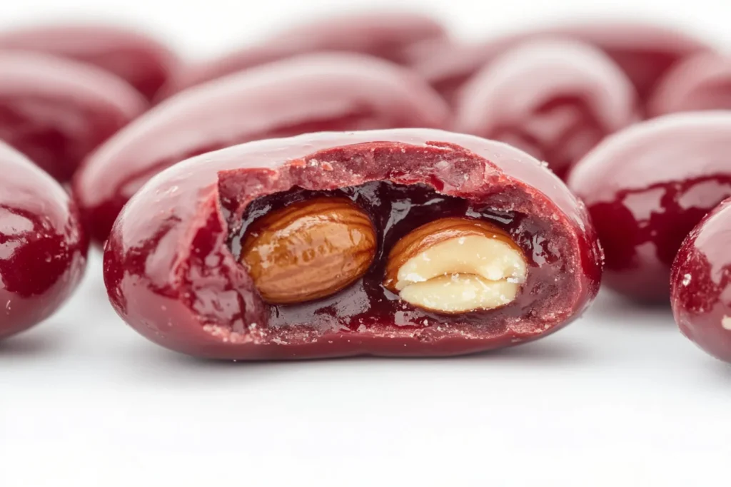 What does Boston Baked Bean Candy taste like 2 A bowl of shiny Boston Baked Bean candy on a wooden table, surrounded by nostalgic candy shop decor.