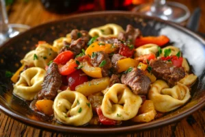 Close-up of tortellini coated in provolone sauce with slices of beef and sautéed vegetables.