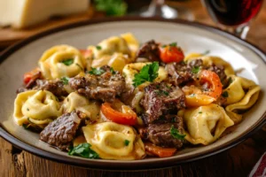 Philly Cheesesteak Tortellini in Rich Provolone Sauce – A Flavorful Fusion 2 A serving of Philly cheesesteak tortellini on a rustic wooden table with a glass of wine.