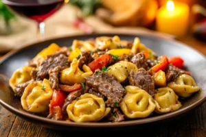 Philly Cheesesteak Tortellini in Rich Provolone Sauce – A Flavorful Fusion 3 Philly cheesesteak tortellini served with a side of garlic bread and a crisp salad.