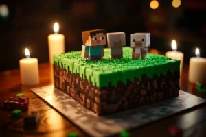How to Make a Minecraft Cake 2 "A pixel-perfect Minecraft cake designed to resemble a grass block from the game, featuring green frosting grass, brown chocolate sides for dirt, and white icing details, surrounded by Minecraft character figurines."
