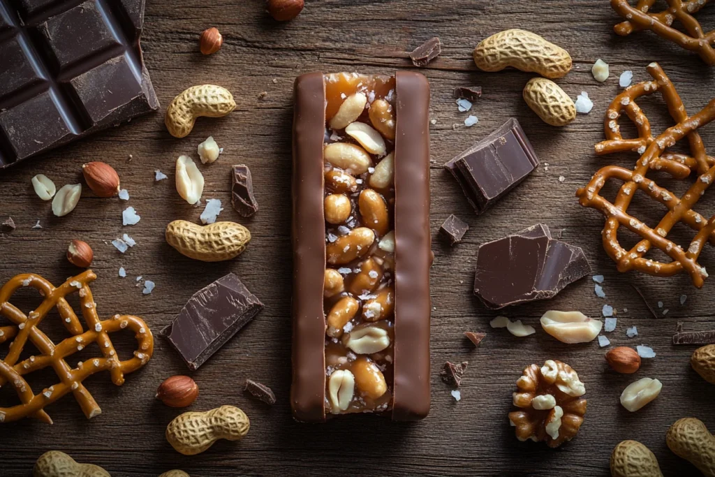 Discover the Irresistible Take 5 Candy 3 A festive display of Take 5 candy bars on a holiday-themed background with scattered pretzels and peanuts.