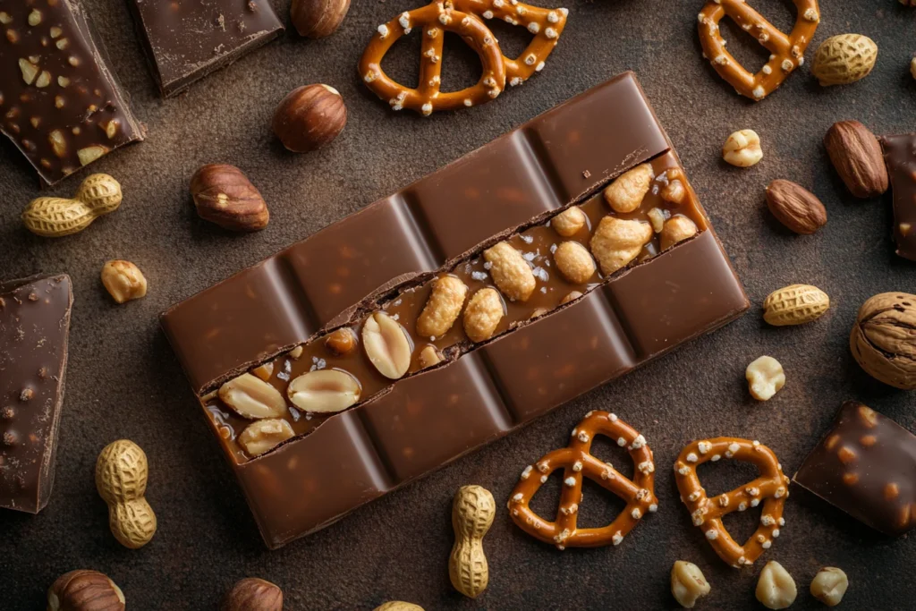Discover the Irresistible Take 5 Candy 2 "A stack of Take 5 candy bars, with one split open to reveal its gooey caramel and crunchy peanut layers.