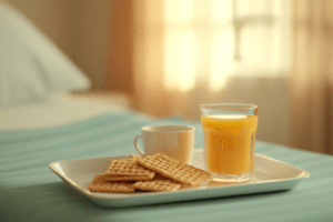 Why Hospitals Always Have Graham Crackers: Practical Reasons Explained 3 A nurse handing a packet of graham crackers to a smiling patient sitting up in a hospital bed with a tray table.