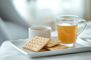 Why Hospitals Always Have Graham Crackers: Practical Reasons Explained 4 Graham crackers on a plate next to a cup of water and a few pills, set on a hospital bedside table.