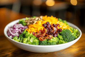 The Ultimate Guide to Chicken Salad Chick Broccoli Salad - Recipe & Benefits 2 Close-up shot of a vibrant broccoli salad topped with shredded cheddar cheese, bacon bits, sunflower seeds, and dried cranberries, drizzled with dressing.