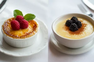 Crème Brûlée vs Custard 2 Crème brûlée garnished with mint and custard served with a drizzle of caramel sauce on a rustic table.