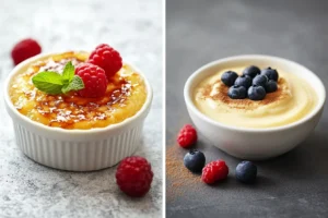 Crème Brûlée vs Custard 3 A spoon cracking into the caramelized crust of crème brûlée with custard served in a decorative bowl nearby.