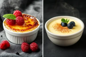 Crème Brûlée vs Custard 4 Close-up of a caramelized crème brûlée crust and a smooth, creamy custard topped with fresh berries.