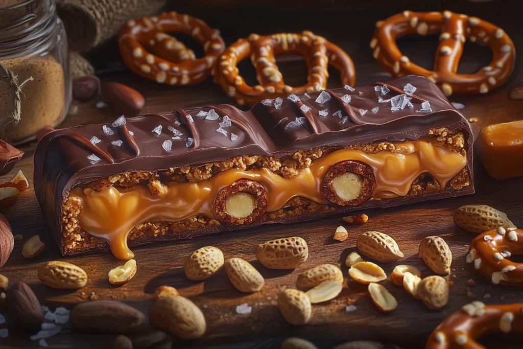 How Take 5 Candy Is Made: Sweet and Salty Perfection 2 "Take 5 candy unwrapped, showing layers of caramel, pretzels, and chocolate, surrounded by scattered peanuts and chocolate chips."