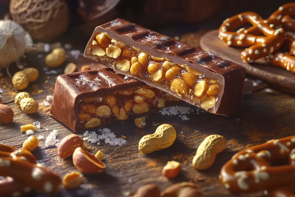 How Take 5 Candy Is Made: Sweet and Salty Perfection 4 "A vibrant display of Take 5 candy bars with holiday-themed wrappers, set against a festive background with twinkling lights."