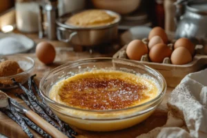 A ramekin of caramelized crème brûlée with a glass pitcher of cream and vanilla beans in the background.