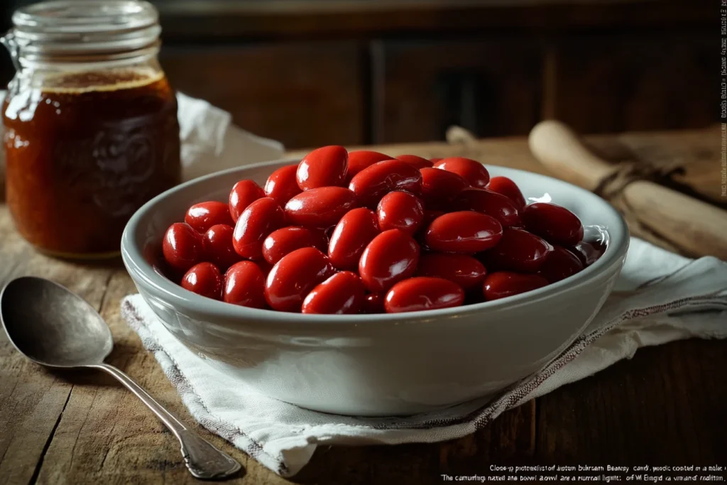 What is the story behind Boston Baked Beans candy? 3 "Close-up of Boston Baked Beans candy in a nostalgic candy shop setting, surrounded by classic confectionery."