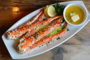  Steamed snow crab legs served with garlic butter and parsley on a rustic plate.