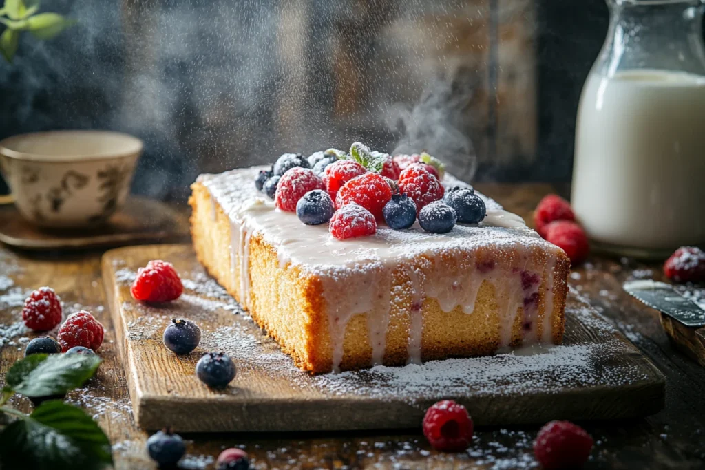 What Does Kefir Do in Baking? Benefits, Uses, and Tips 2 A beautifully glazed kefir sheet cake topped with fresh berries, served on a rustic wooden table.