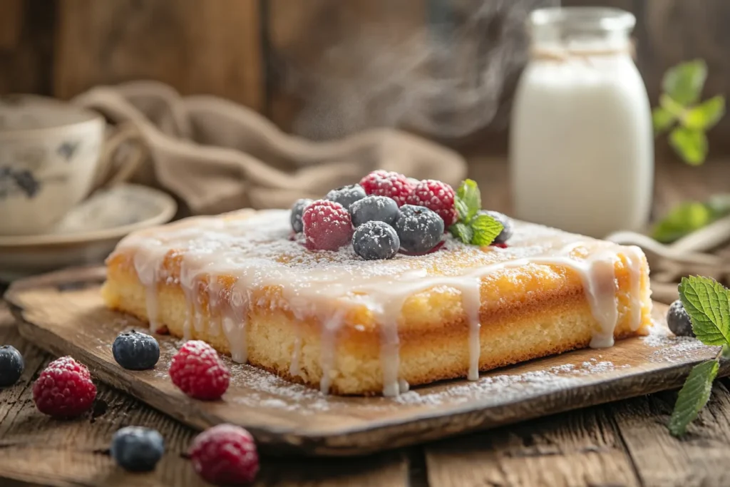 What Does Kefir Do in Baking? Benefits, Uses, and Tips 3 A golden-brown kefir sheet cake topped with creamy glaze and fresh berries on a rustic wooden table.