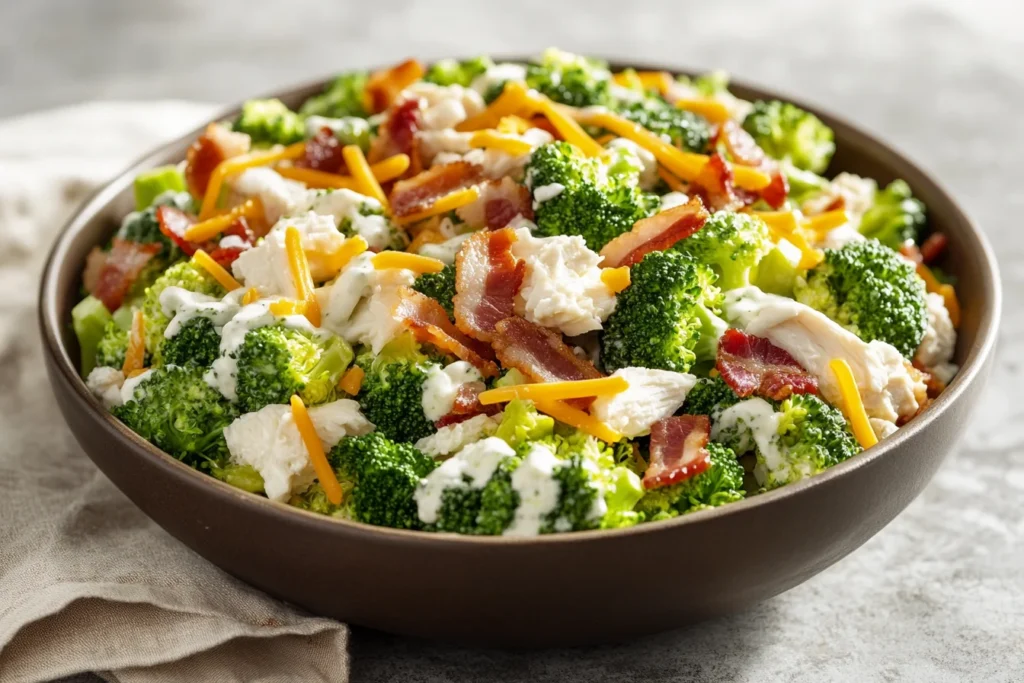  A fresh serving of broccoli salad garnished with cheese, sunflower seeds, and tangy dressing.