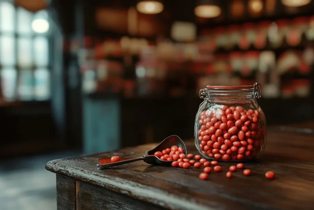 What is the flavor of Boston Baked Beans candy? 2 "Close-up of Boston Baked Beans candy in a cheerful, vintage candy shop filled with jars of colorful sweets."