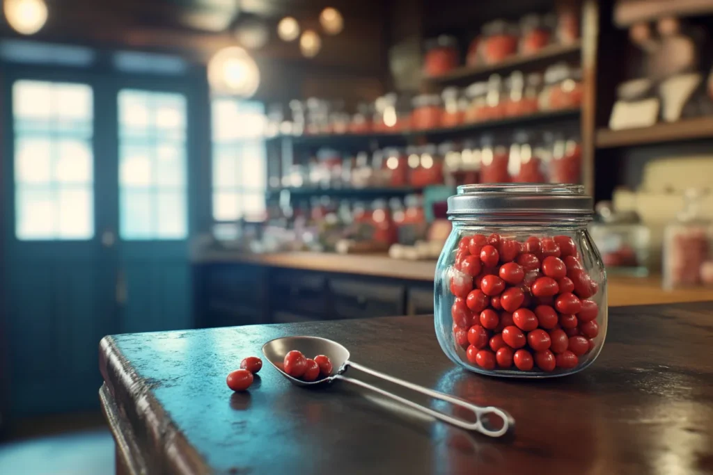 What is the flavor of Boston Baked Beans candy? 3 "Children excitedly pointing at Boston Baked Beans candy in a vintage candy shop filled with retro decor and colorful sweets."