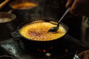 A torch caramelizing the sugar on a crème brûlée in a white ramekin.