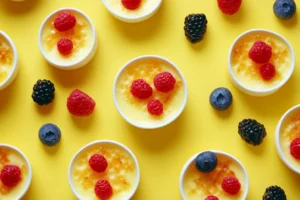 Perfect Crème Brûlée: Tips for a Flawless Dessert 3 Elegant crème brûlée served with fresh berries and a sprig of mint.
