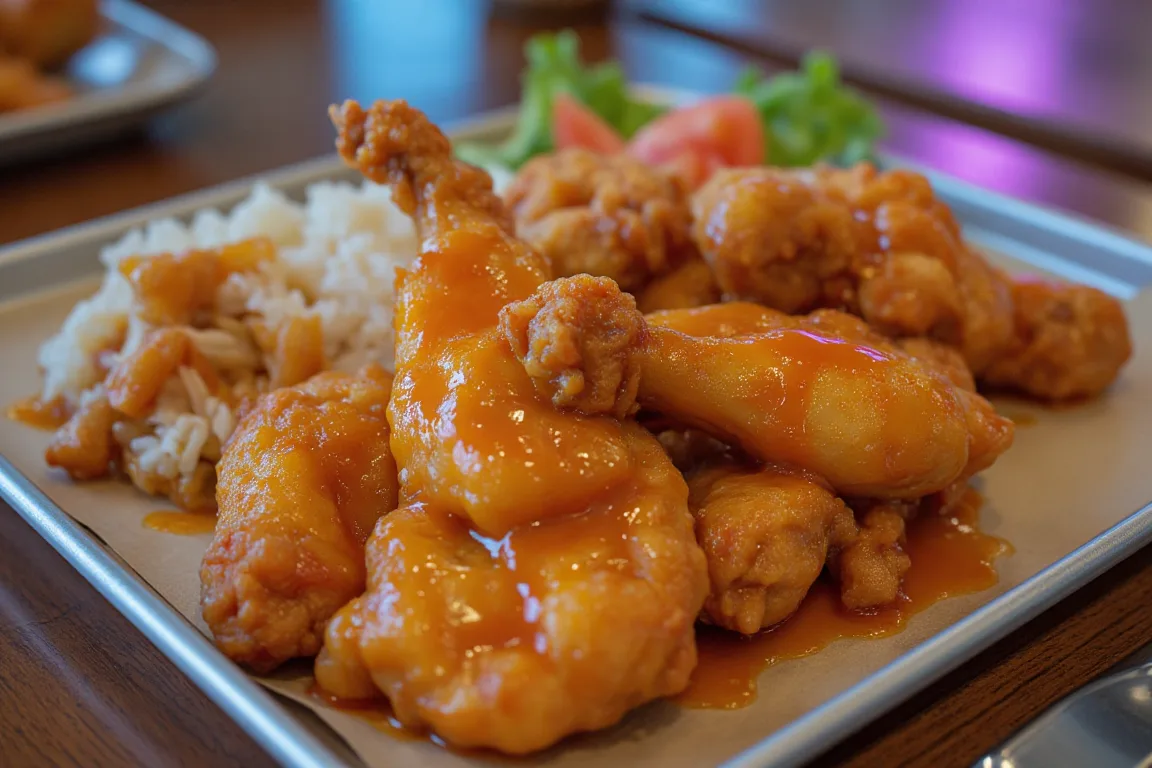 School orange chicken with vegetables on a tray.