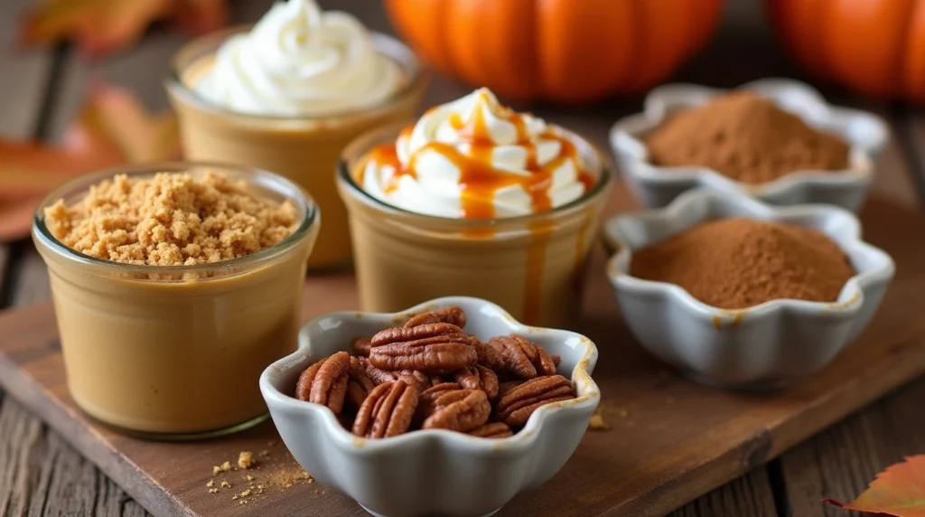 A Close Up Of Different Topping Options For Pumpkin Pie In A Cup With Vanilla Pudding Cups