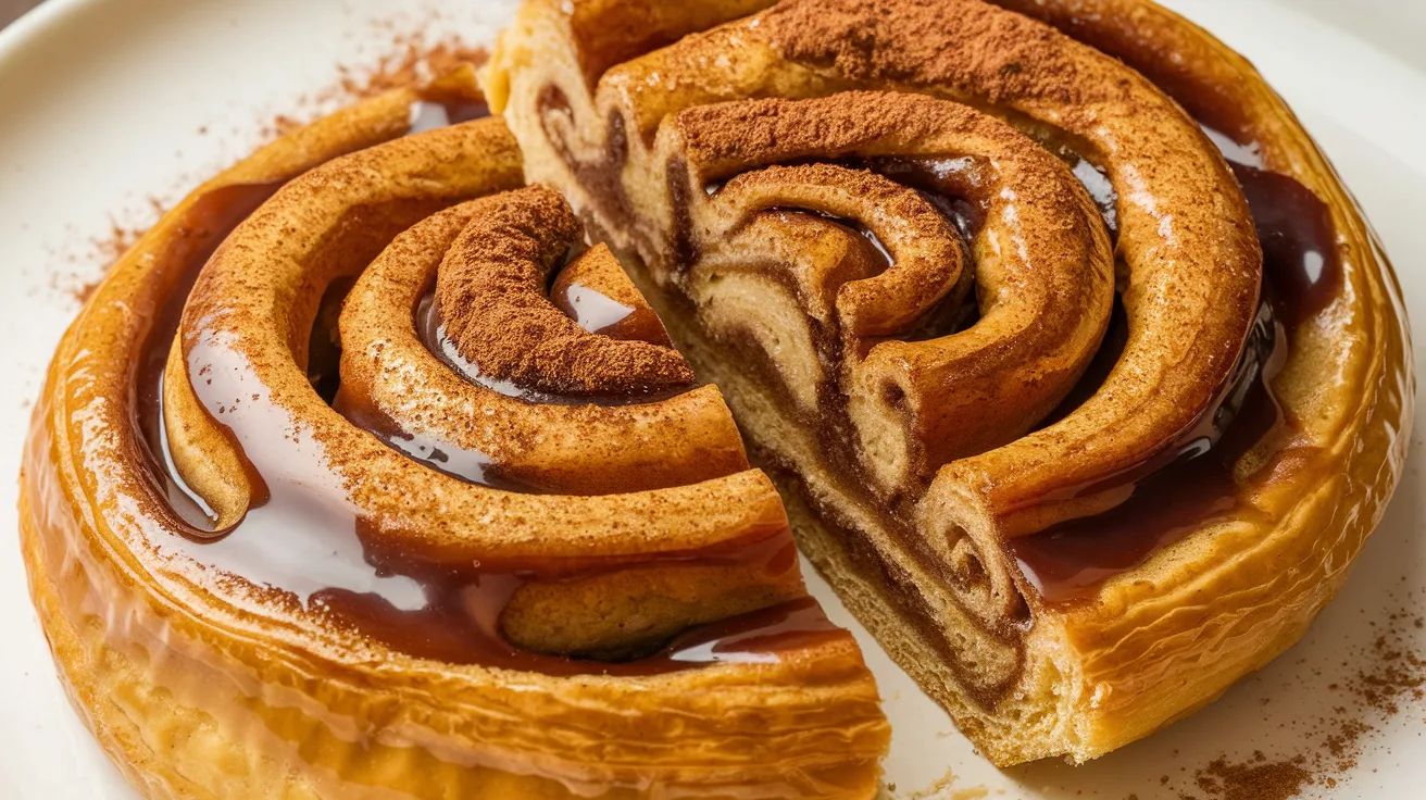 A stunning image of a cinnamon Danish pastry with golden flaky layers, braided design, and a light glaze drizzle for a perfect breakfast treat.