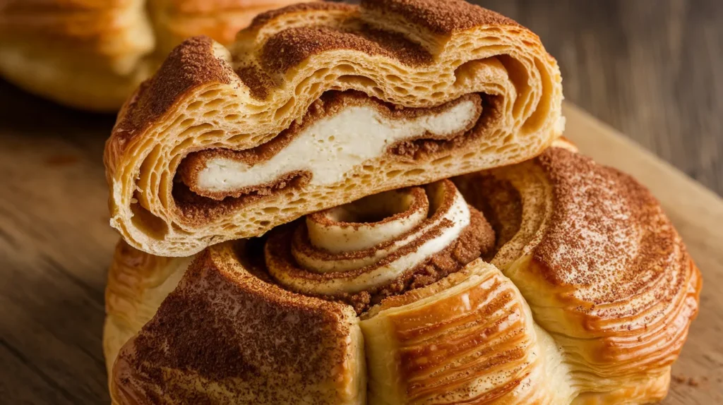 A stunning image of a cinnamon Danish pastry with golden flaky layers, braided design, and a light glaze drizzle for a perfect breakfast treat.