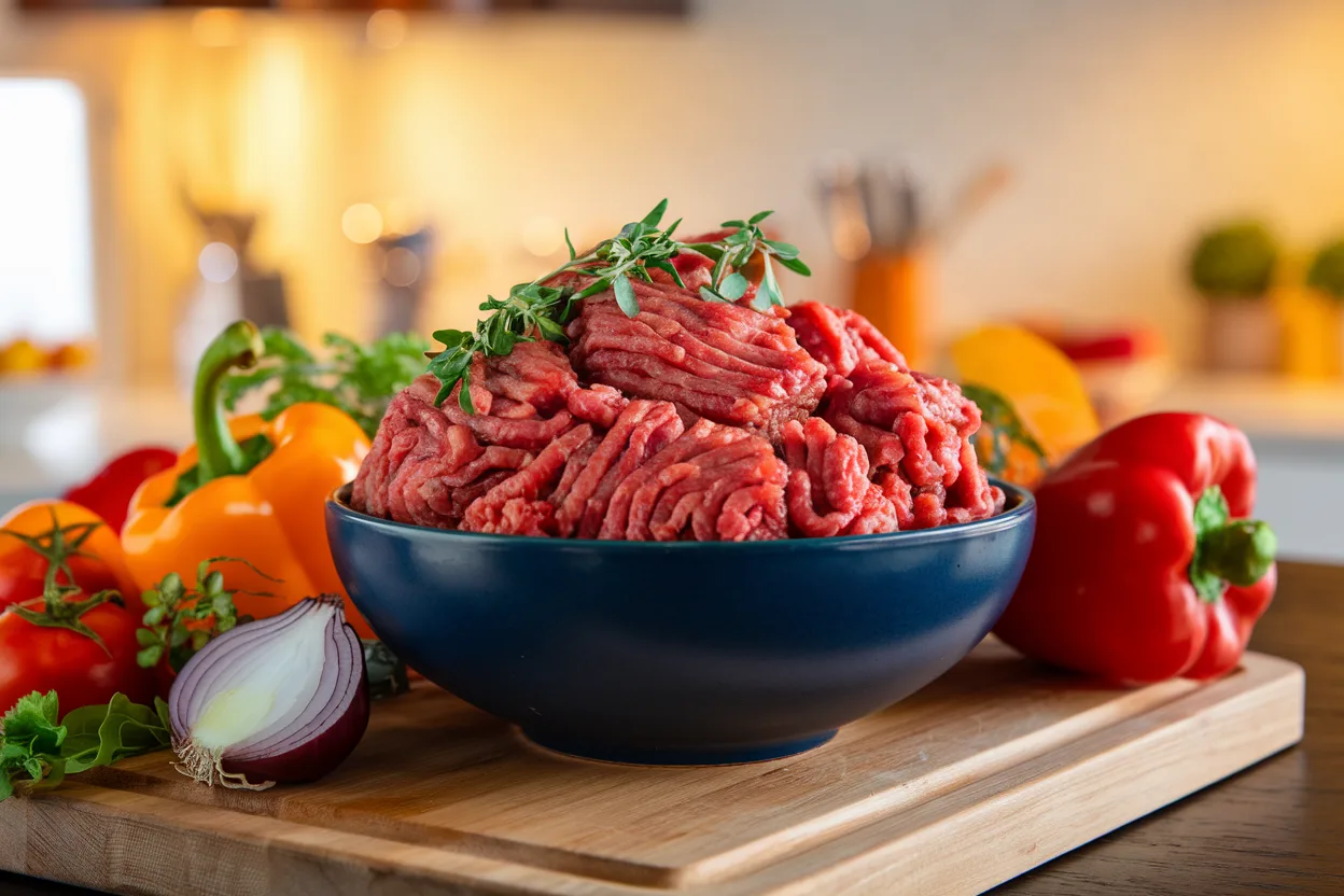 Freshly cooked lean ground beef with herbs and vegetables