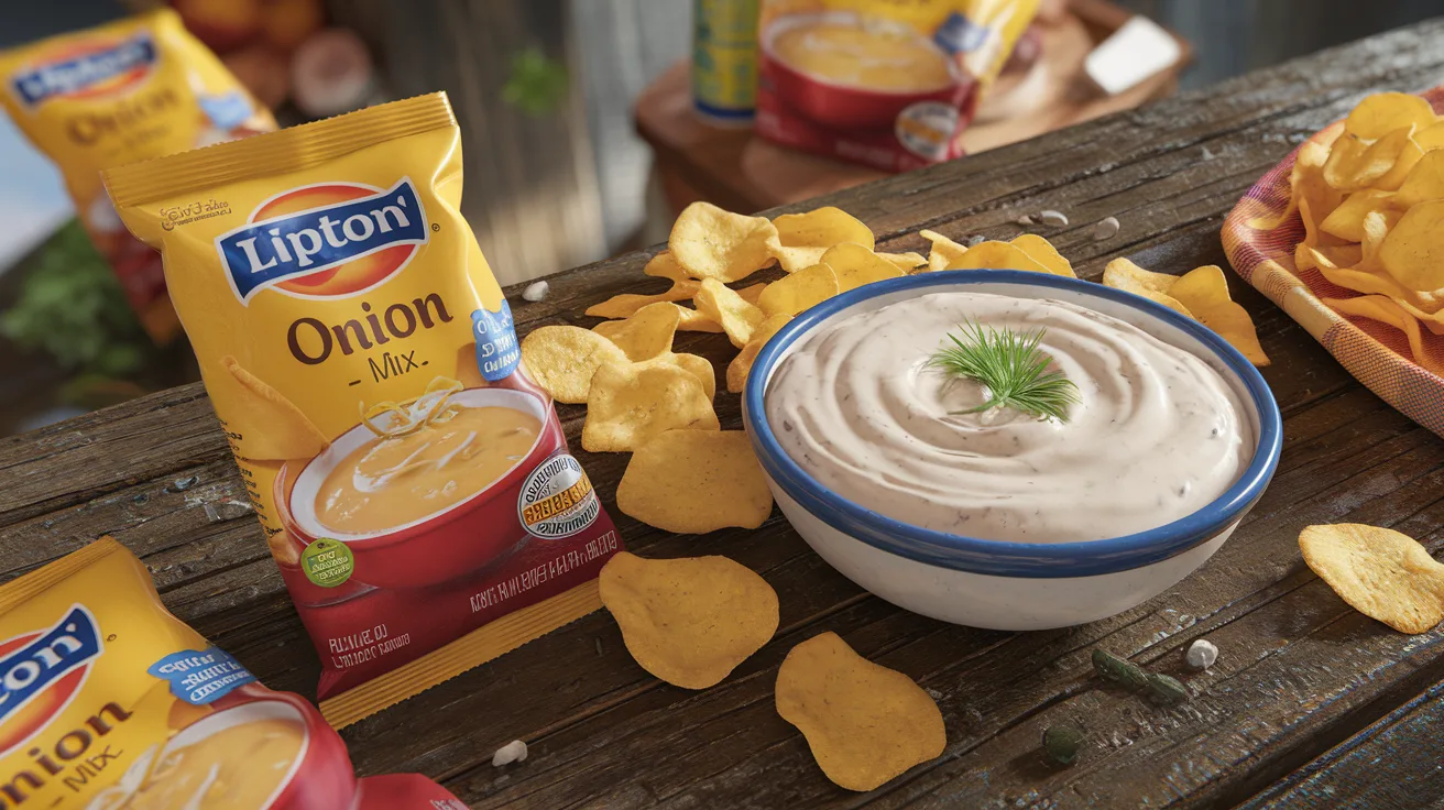 Lipton Onion Soup Mix packet next to creamy onion dip.