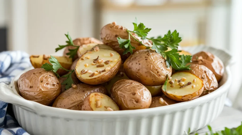 Lipton Onion Soup Mix 2 A white ceramic dish filled with golden, crispy roasted potatoes seasoned with Lipton Onion Soup Mix and topped with parsley.