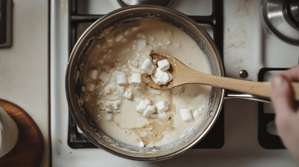 Peanut Butter Rice Krispies Treats 2 MeltingMelting butter, marshmallows, and peanut butter in a saucepan. Ingredients For Peanut Butter Rice Krispies Treats