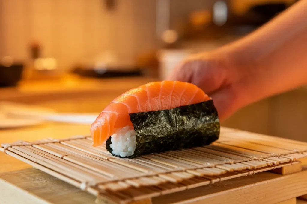 Sushi Order Topped with Salmon NYT – A Complete Guide 2 An up-close look at the sushi-making process, emphasizing the techniques for rolling sushi with salmon.