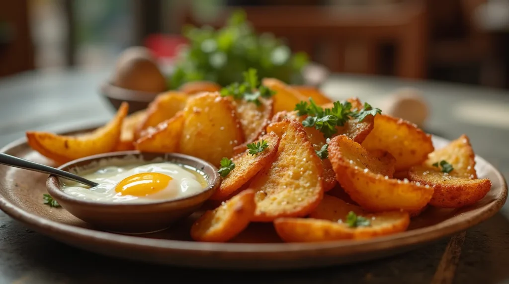 Papas Chips Pobres 3 Papas chips pobres served with aioli and a fried egg.