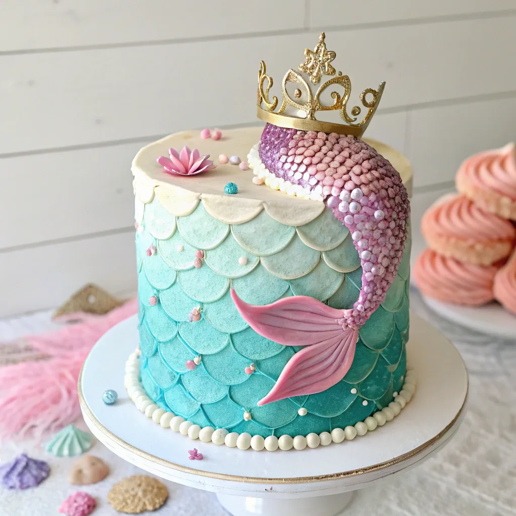 Stunning mermaid cake with fondant tail and ocean-themed decorations