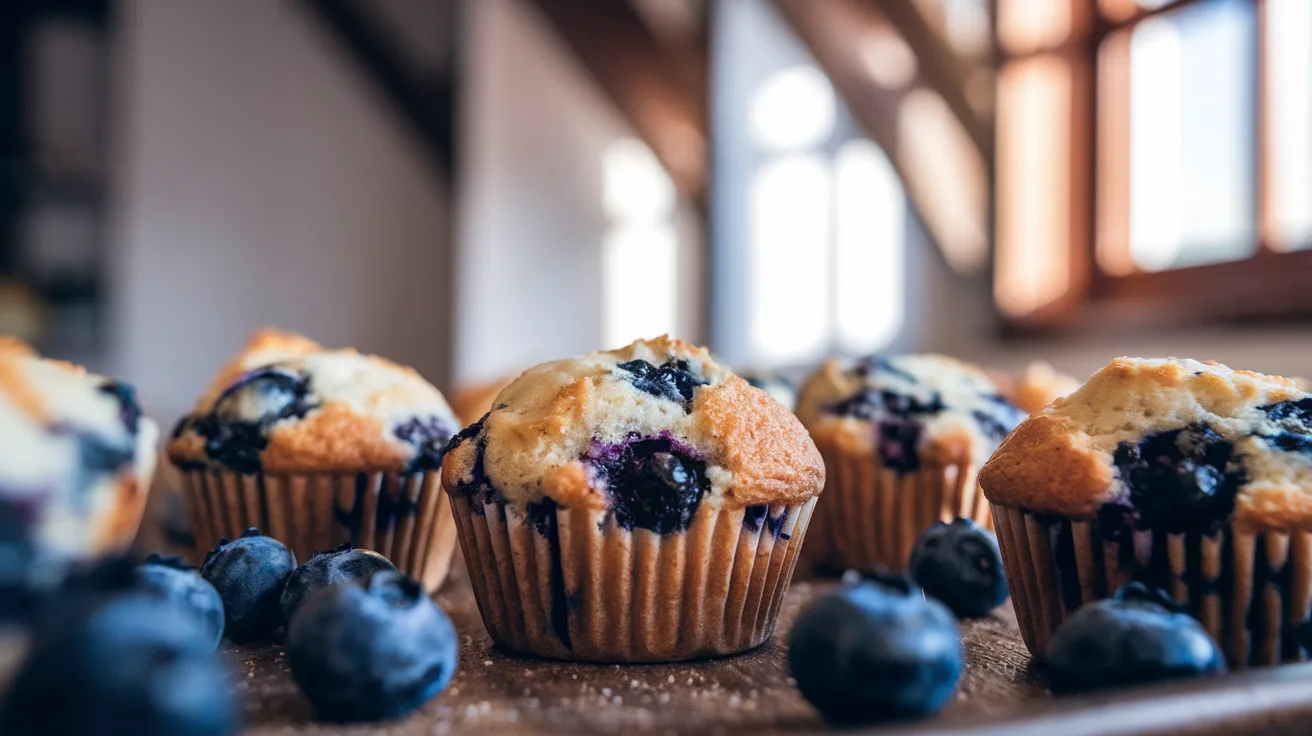 Freshly baked mini blueberry muffins on a rustic wooden tray.