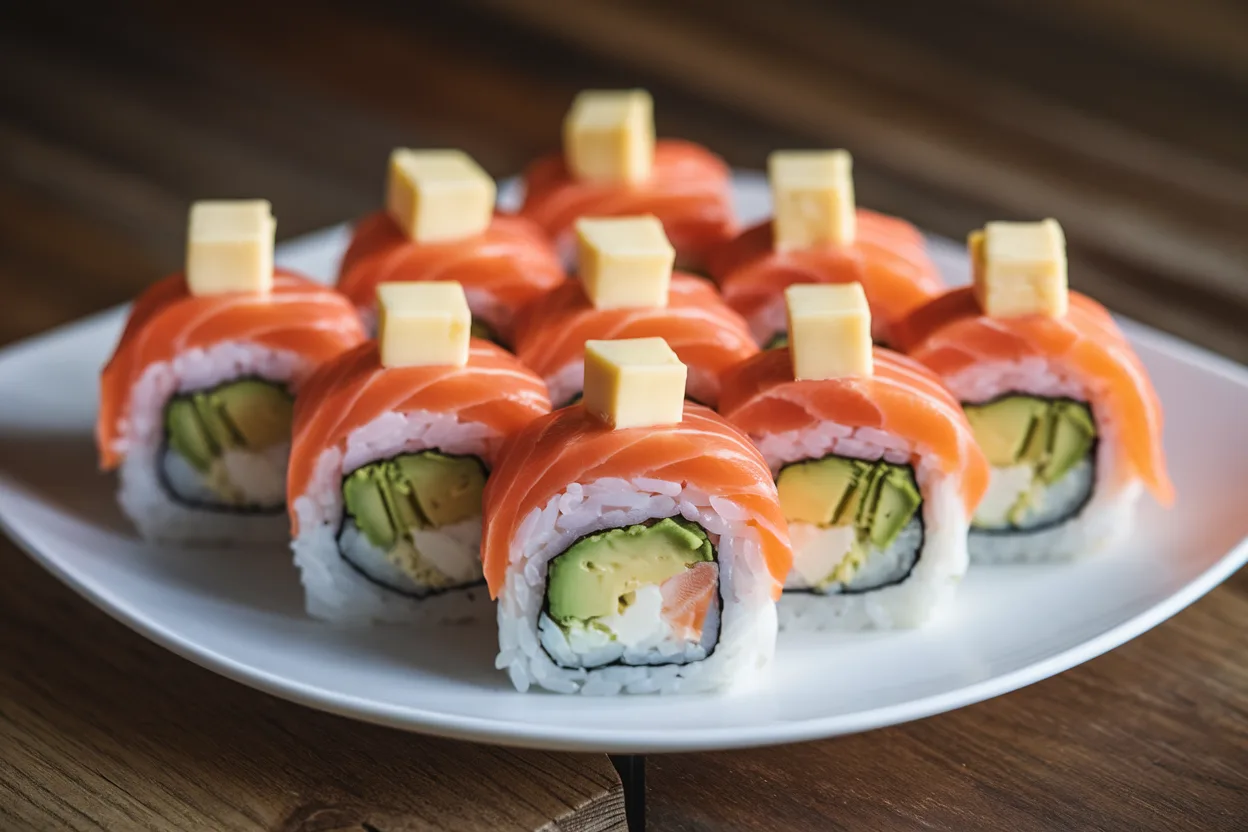 Hands rolling sushi with nori, rice, and salmon using a bamboo mat" Title: "Rolling Sushi with Salmon