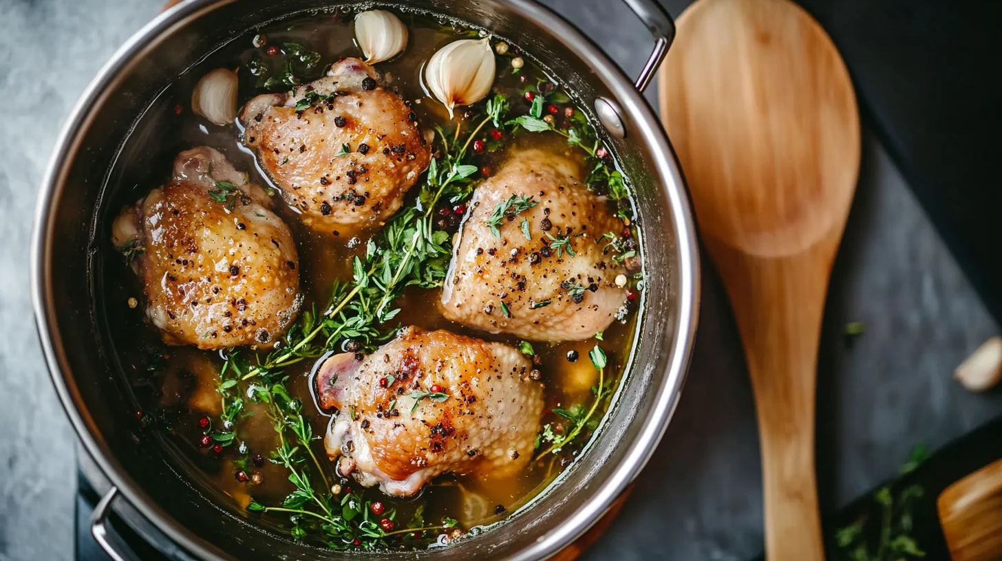 Pot of boiling chicken thighs with herbs and spices