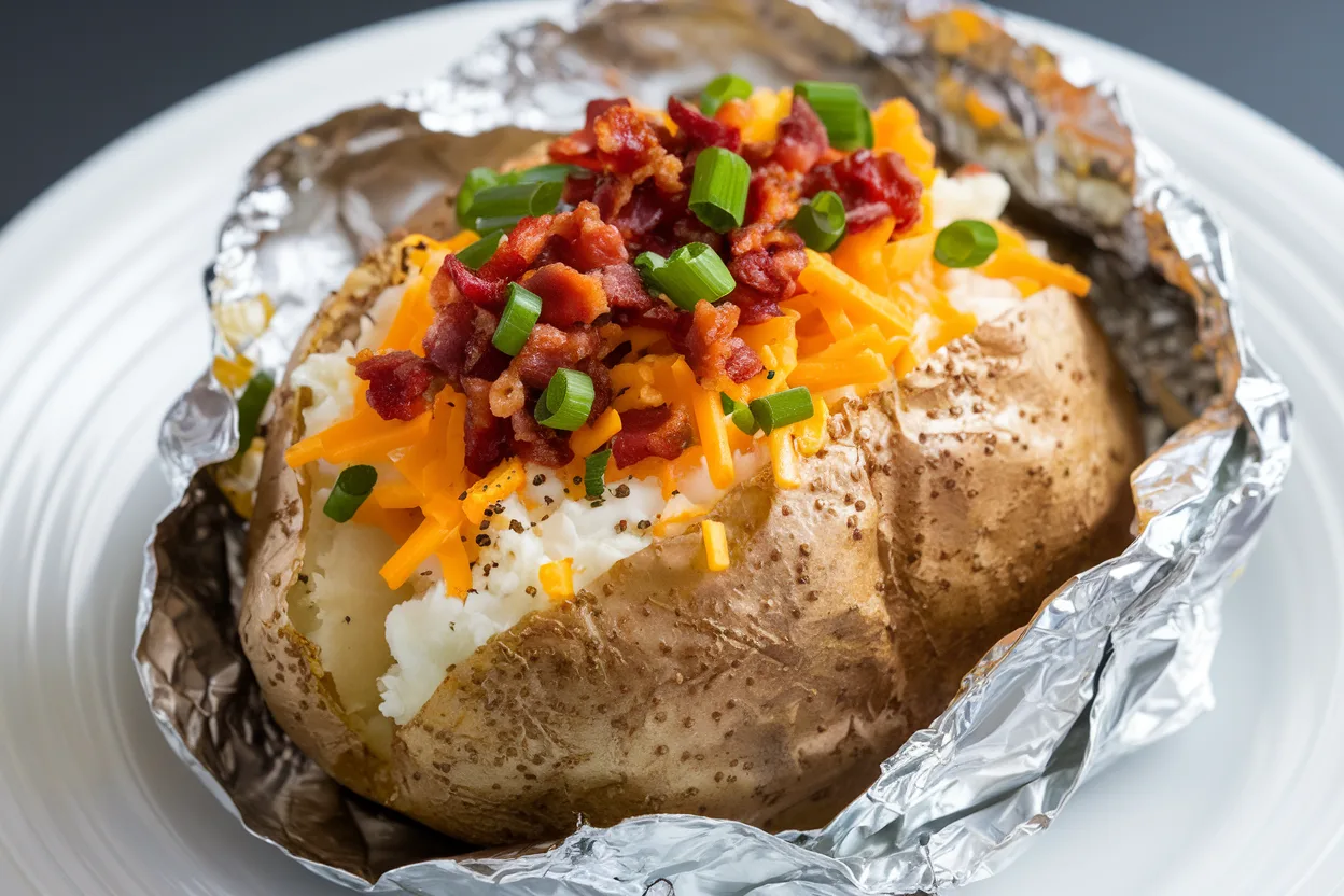 Grilled baked potatoes with different toppings on a platter.