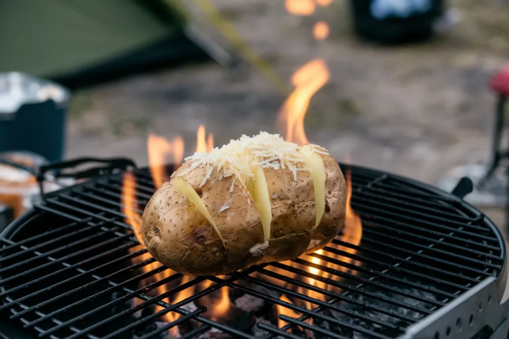 Baked potato on grill 19 Crispy baked potato on the grill with butter and chives.